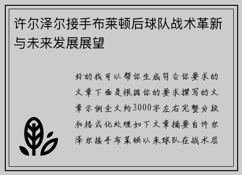 许尔泽尔接手布莱顿后球队战术革新与未来发展展望